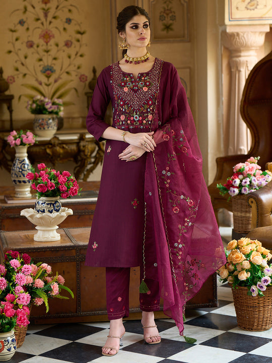 Indo Era Wine Embroidered Straight Kurta Trousers With Dupatta Set