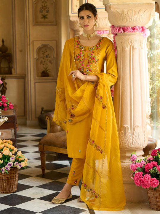 Indo Era Mustard Embroidered Straight Kurta Trousers With Dupatta Set