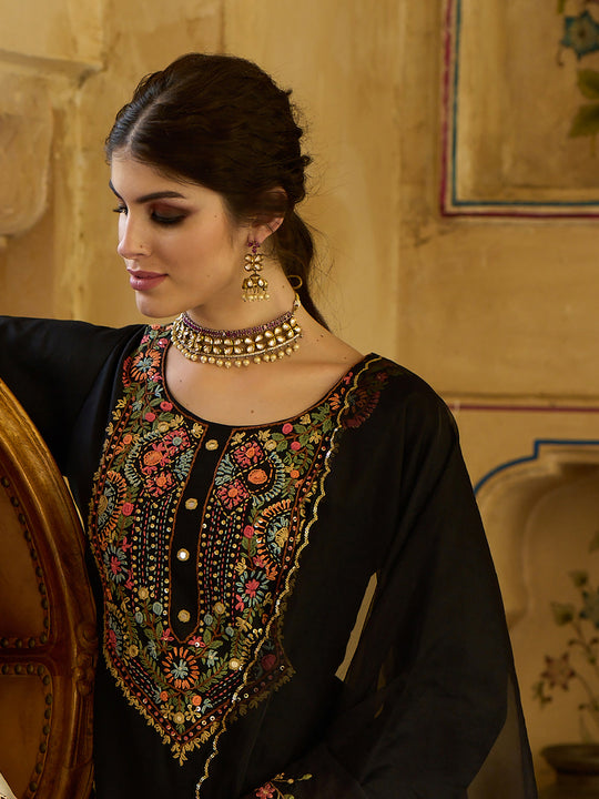 Indo Era Black Embroidered Straight Kurta Trousers With Dupatta Set
