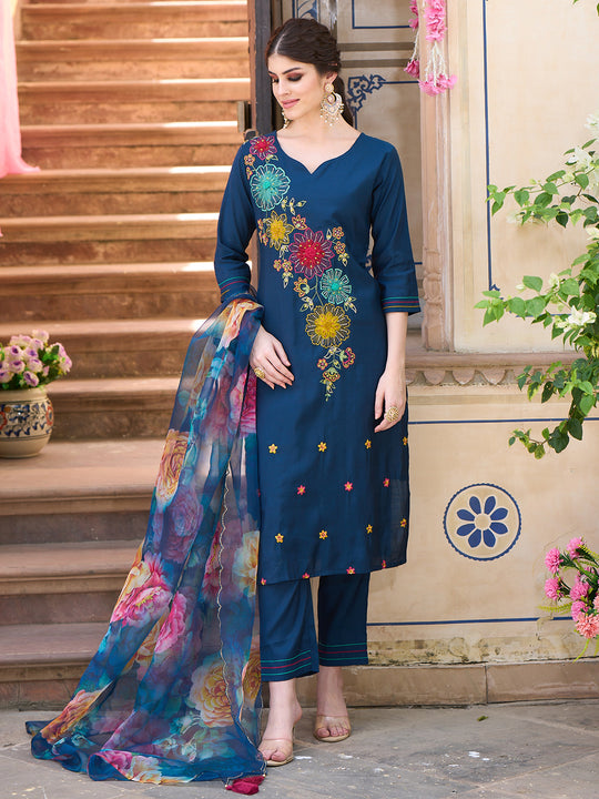 Indo Era Blue Embroidered Straight Kurta Trousers With Dupatta Set