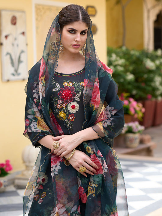 Indo Era Grey Embroidered Straight Kurta Trousers With Dupatta Set