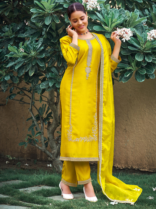 Indo Era Yellow Embroidered Straight Kurta Trousers With Dupatta Set