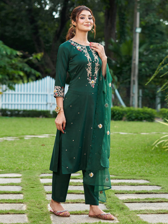 Indo Era Green Embroidered Straight Kurta Trousers With Dupatta Set