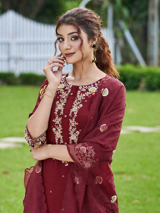 Indo Era Maroon Embroidered Straight Kurta Trousers With Dupatta Set