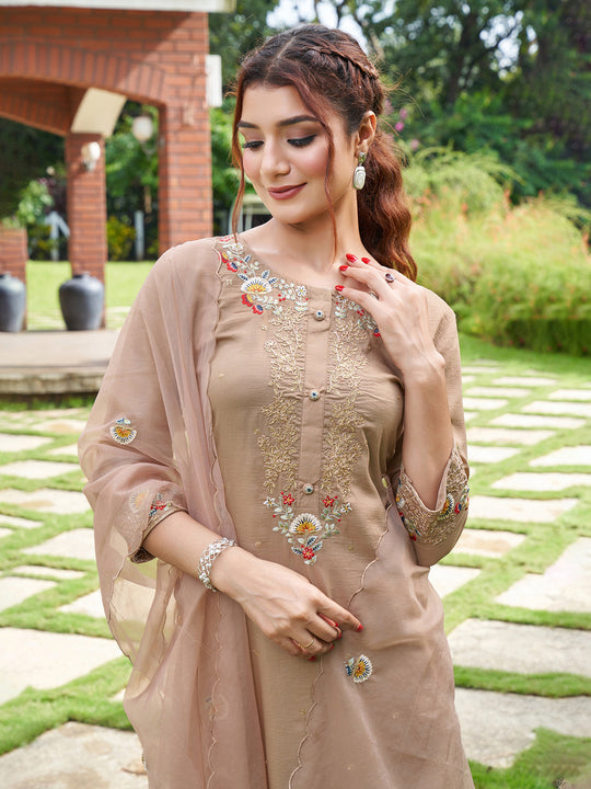 Indo Era Beige Embroidered Straight Kurta Trousers With Dupatta Set