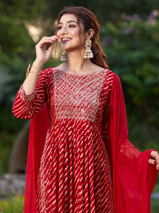 Indo Era Red Embroidered A-Line Kurta Trousers With Dupatta Set