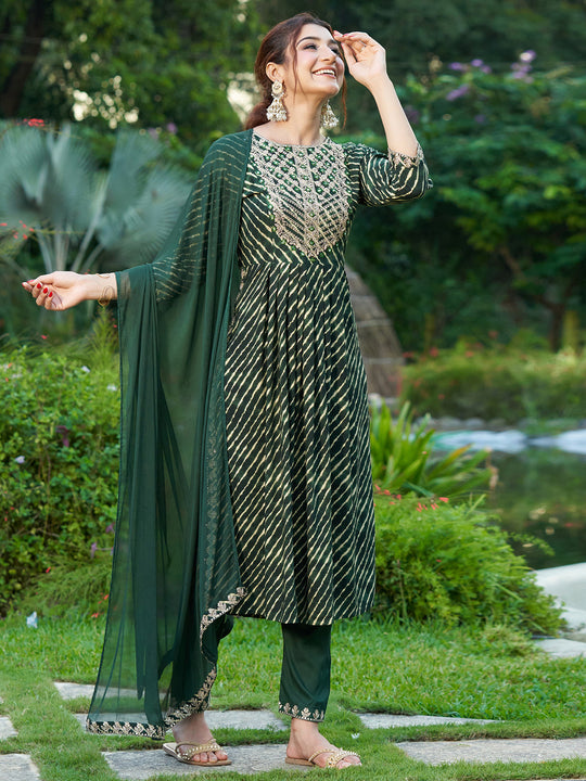 Indo Era Green Embroidered A-Line Kurta Trousers With Dupatta Set