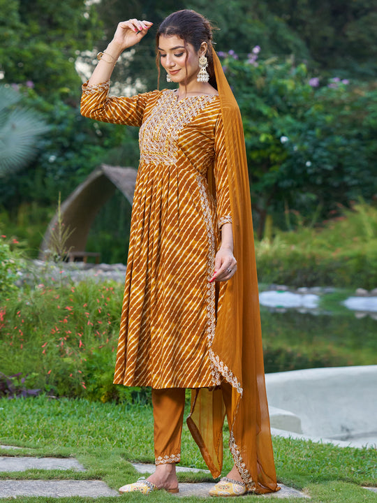 Indo Era Mustard Embroidered A-Line Kurta Trousers With Dupatta Set