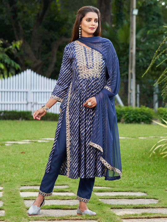 Indo Era Blue Embroidered A-Line Kurta Trousers With Dupatta Set