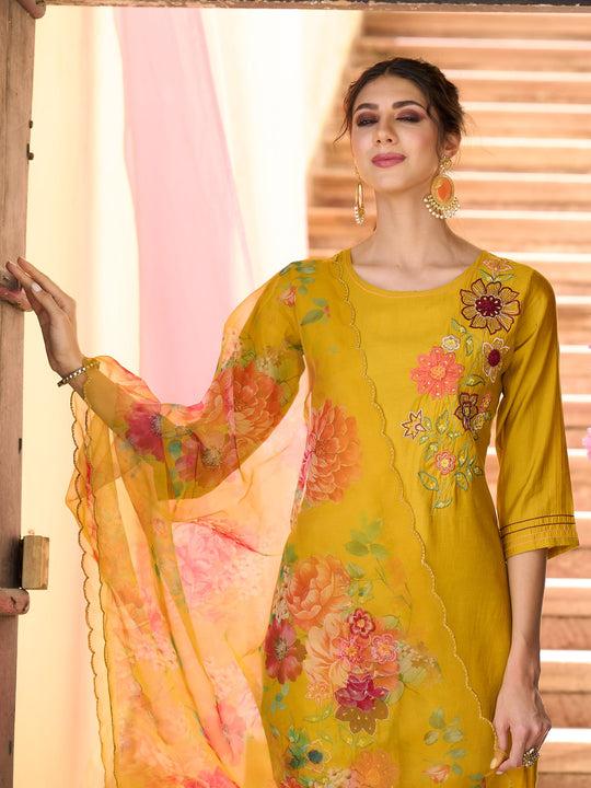 Indo Era Yellow Embroidered Straight Kurta Trousers With Dupatta Set