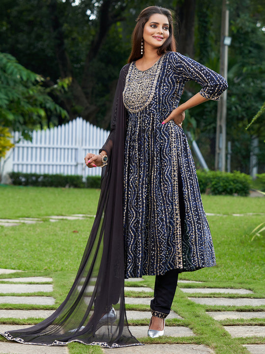 Indo Era Blue Embroidered A-Line Kurta Trousers With Dupatta Set