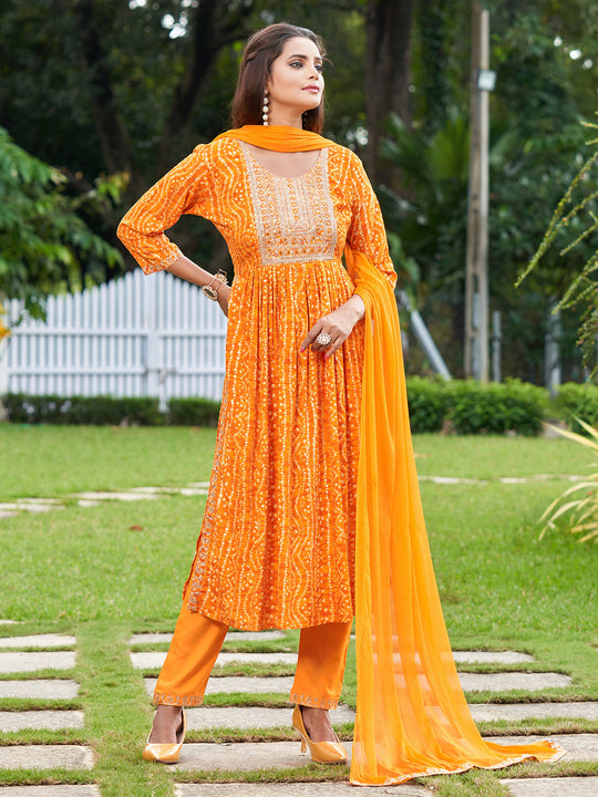 Indo Era Yellow Embroidered A-Line Kurta Trousers With Dupatta Set