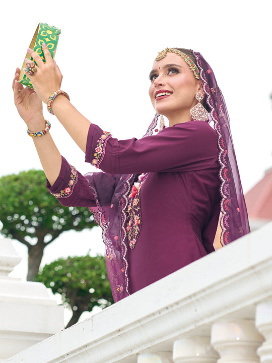 Indo Era Burgundy Embroidered A-Line Kurta Trousers With Dupatta Set
