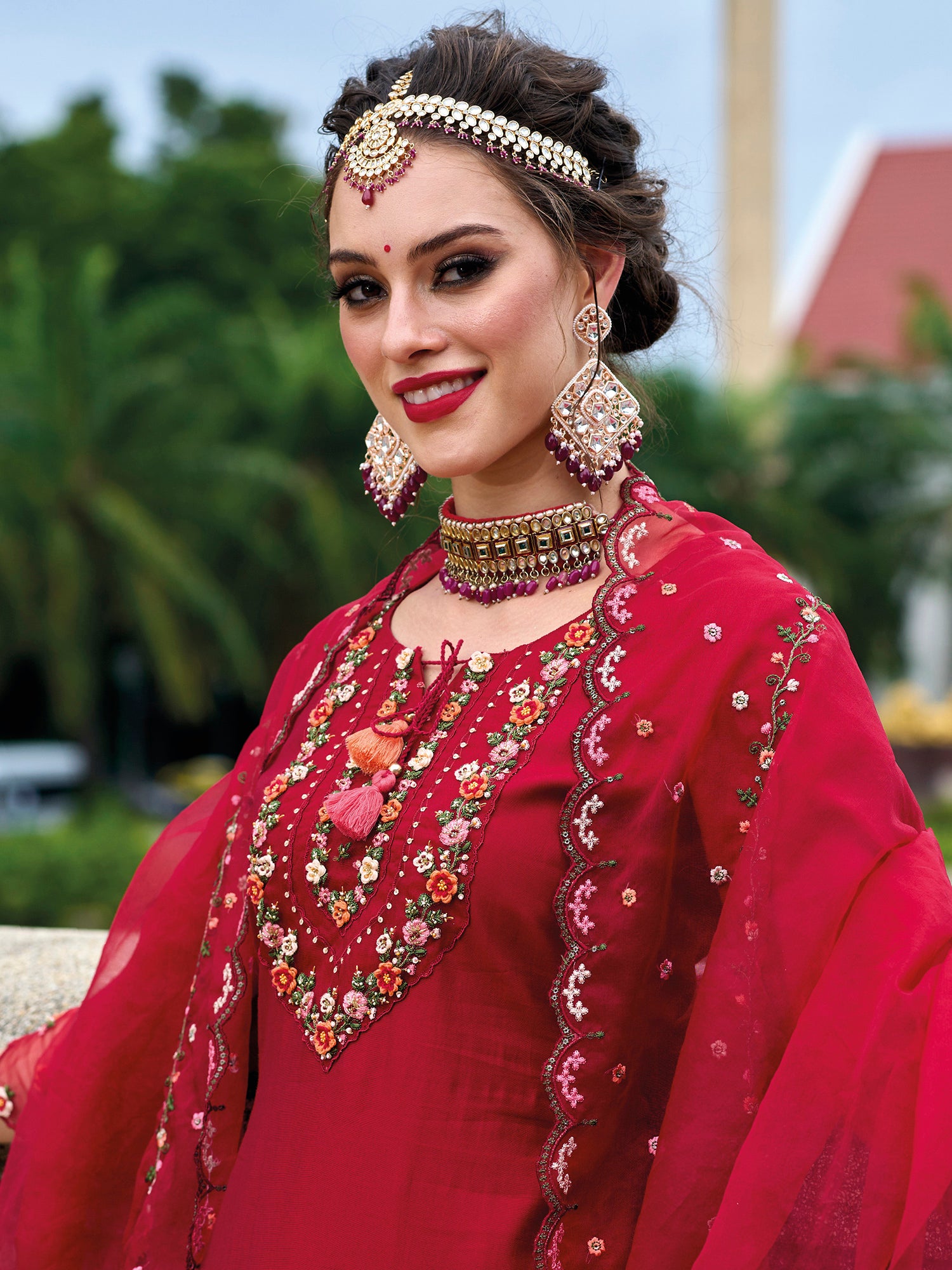 Indo Era Red Embroidered Straight Kurta Palazzo With Dupatta Set main image 1
