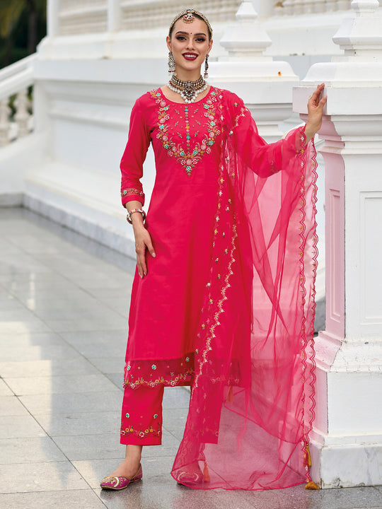 Indo Era Magenta Embroidered A-Line Kurta Trousers With Dupatta Set