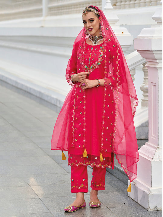 Indo Era Magenta Embroidered A-Line Kurta Trousers With Dupatta Set