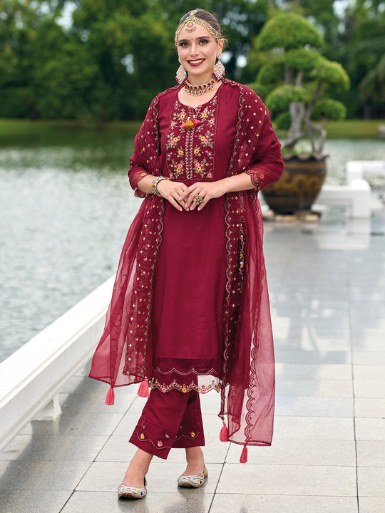 Indo Era Maroon Embroidered A-Line Kurta Trousers With Dupatta Set
