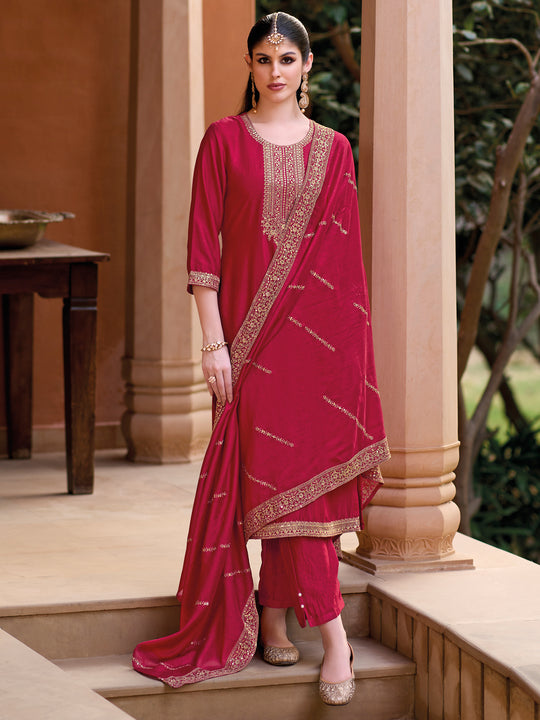 Indo Era Red Embroidered Straight Kurta Trousers With Dupatta Set