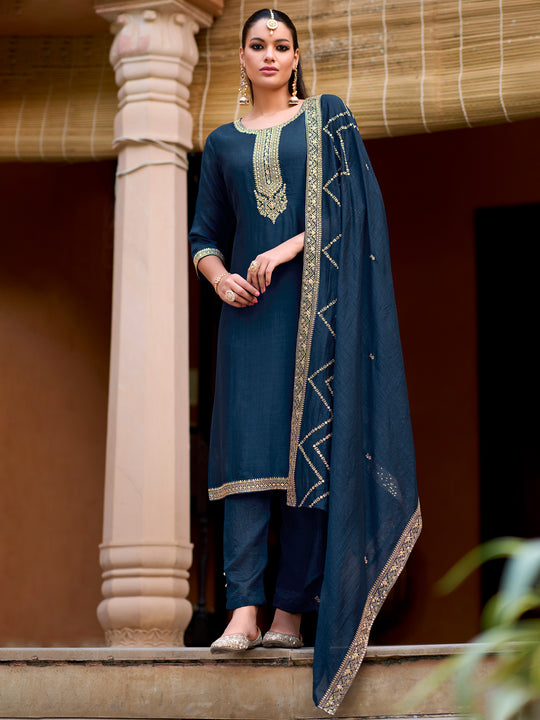 Indo Era Blue Embroidered Straight Kurta Trousers With Dupatta Set