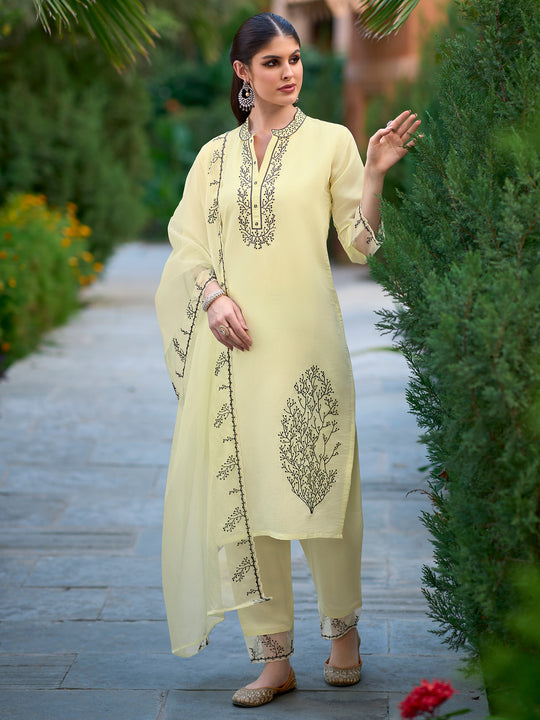 Indo Era Cream Embroidered Straight Kurta Trousers With Dupatta Set