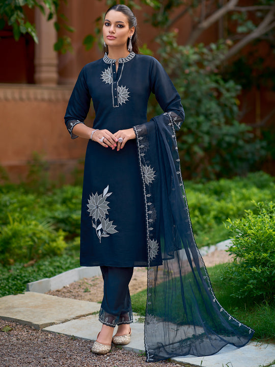 Indo Era Navy Blue Embroidered Straight Kurta Trousers With Dupatta Set