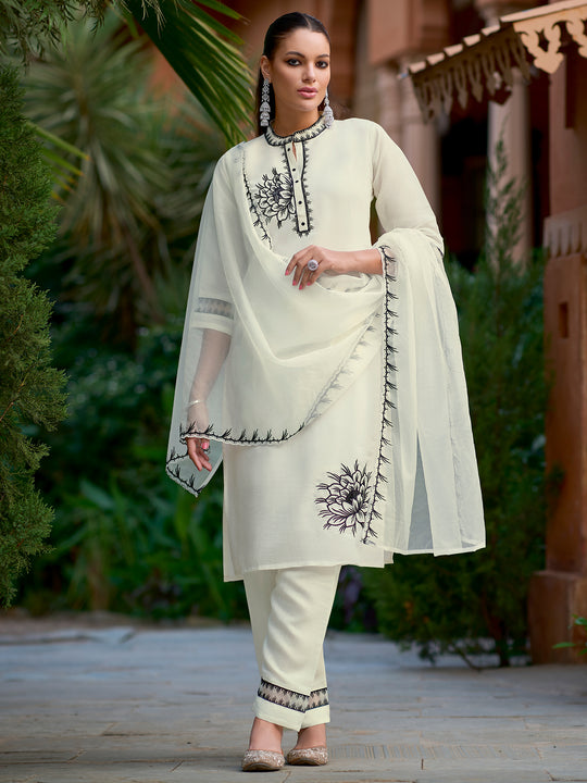 Indo Era Cream Embroidered Straight Kurta Trousers With Dupatta Set
