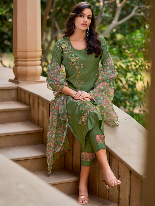 Indo Era Green Embroidered Straight Kurta Trousers With Dupatta Set