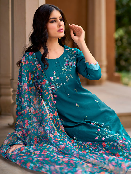 Indo Era Teal Embroidered Straight Kurta Trousers With Dupatta Set