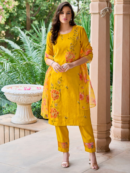 Indo Era Mustard Embroidered Straight Kurta Trousers With Dupatta Set