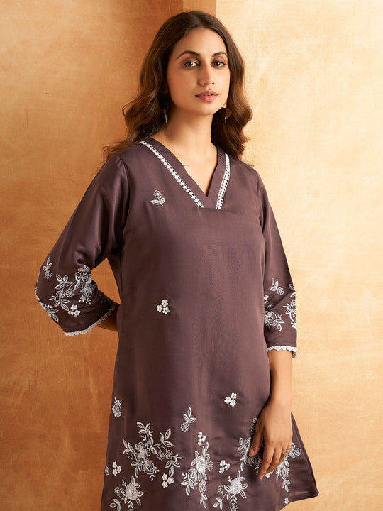 Indo Era Burgundy Embroidered A-Line Kurta Trousers Set