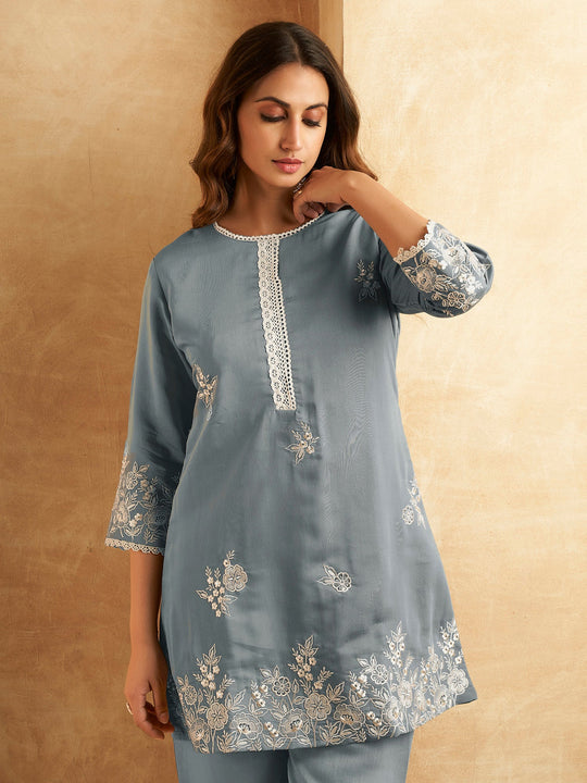 Indo Era Blue Embroidered A-Line Kurta Trousers Set