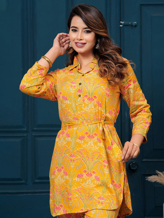 Indo Era Mustard Printed Smart Casual Co-Ords set
