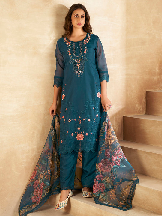 Indo Era Teal Embroidered Straight Kurta Trousers With Dupatta set