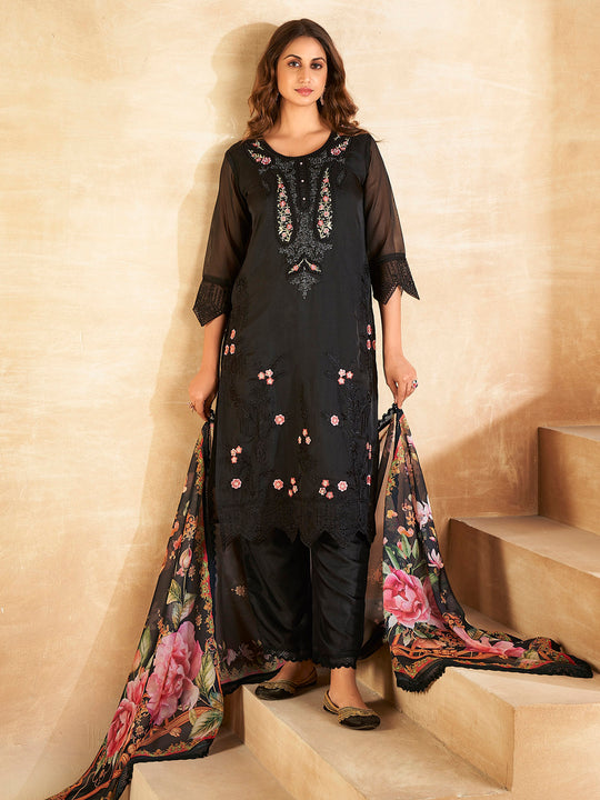 Indo Era Black Embroidered Straight Kurta Trousers With Dupatta set