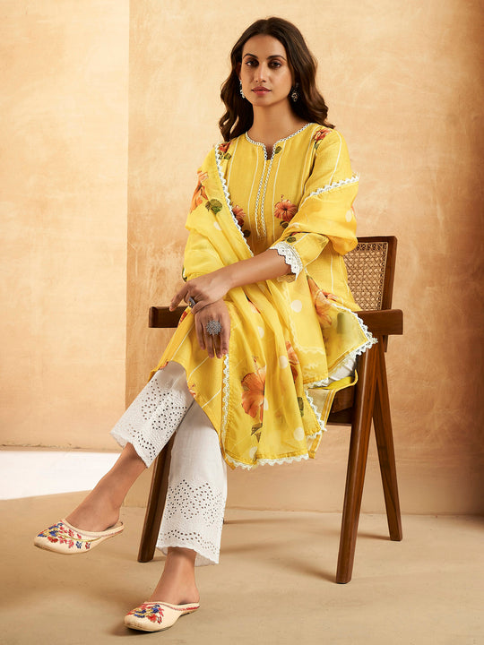 Indo Era Yellow Printed Straight Kurta Trousers With Dupatta set