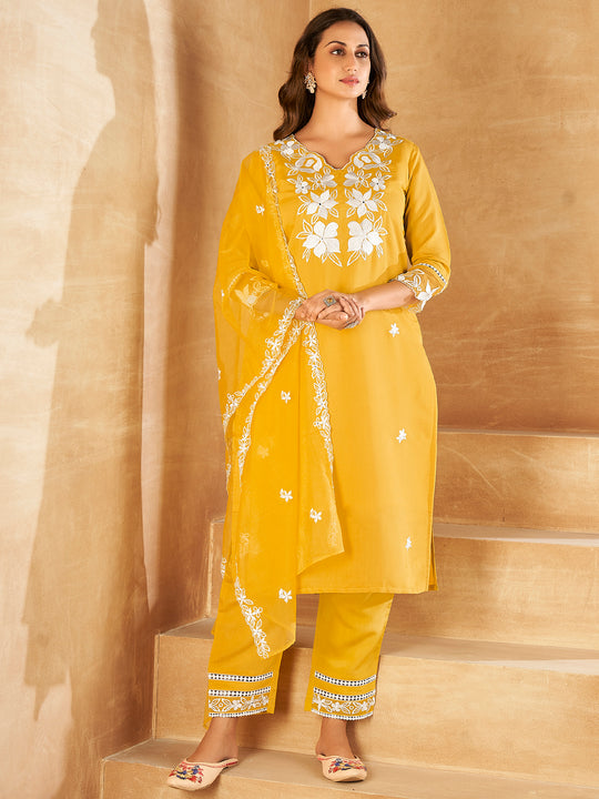 Indo Era Yellow Embroidered Straight Kurta Trousers With Dupatta set