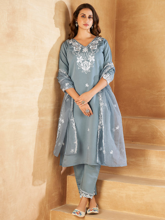 Indo Era Teal Embroidered Straight Kurta Trousers With Dupatta set