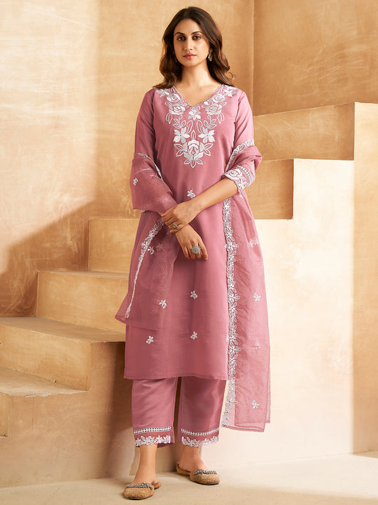 Indo Era Rust Embroidered Straight Kurta Trousers With Dupatta set