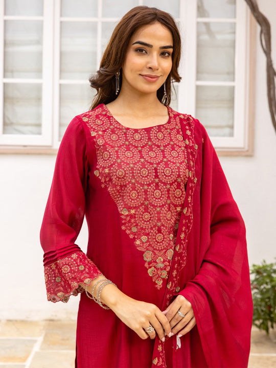 Indo Era Pink Embroidered Straight Kurta Salwar With Dupatta Set