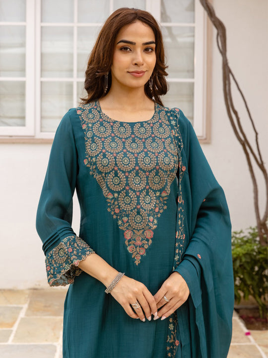Indo Era Teal Embroidered Straight Kurta Salwar With Dupatta Set