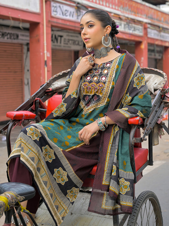 Indo Era Burgundy Printed A-Line Kurta Palazzos With Dupatta Set