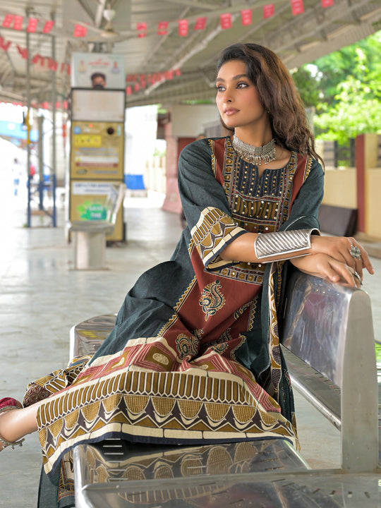 Indo Era Maroon Printed A-Line Kurta Trousers With Dupatta Set