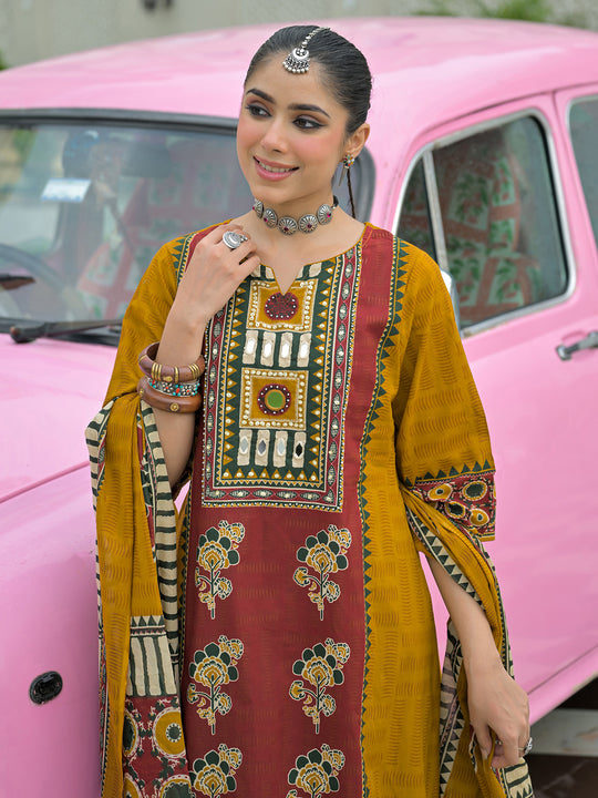 Indo Era Mustard Printed A-Line Kurta Palazzos With Dupatta Set