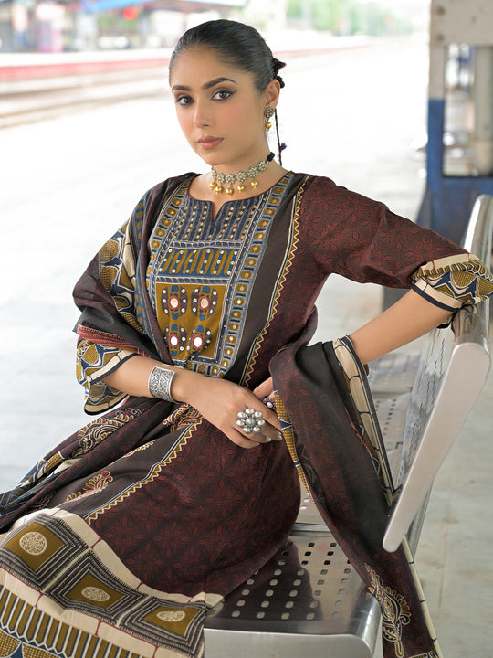 Indo Era Maroon Printed A-Line Kurta Trousers With Dupatta Set