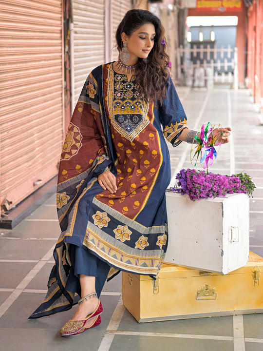 Indo Era Blue Printed A-Line Kurta Palazzos With Dupatta Set