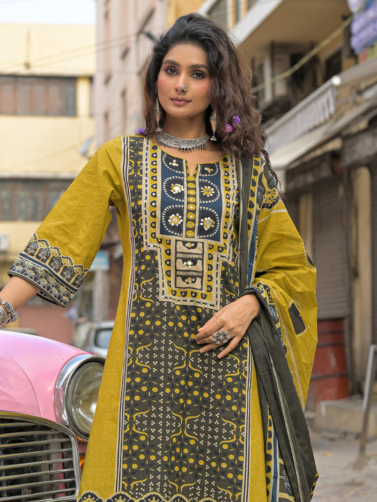 Indo Era Green Printed A-Line Kurta Trousers With Dupatta Set