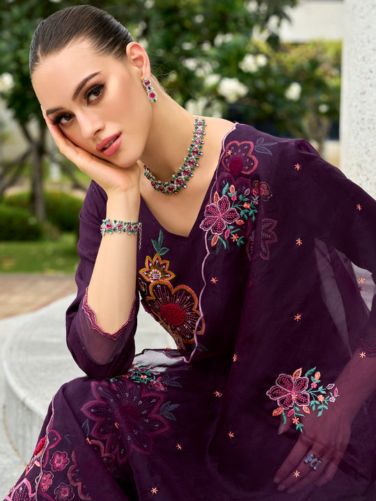 Indo Era Burgundy Embroidered Straight Kurta Trousers With Dupatta set