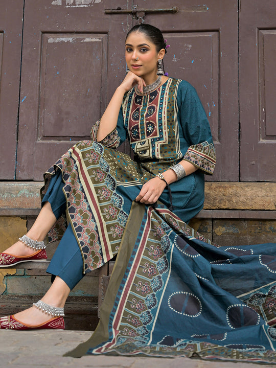 Indo Era Blue Printed A-Line Kurta Trousers With Dupatta Set