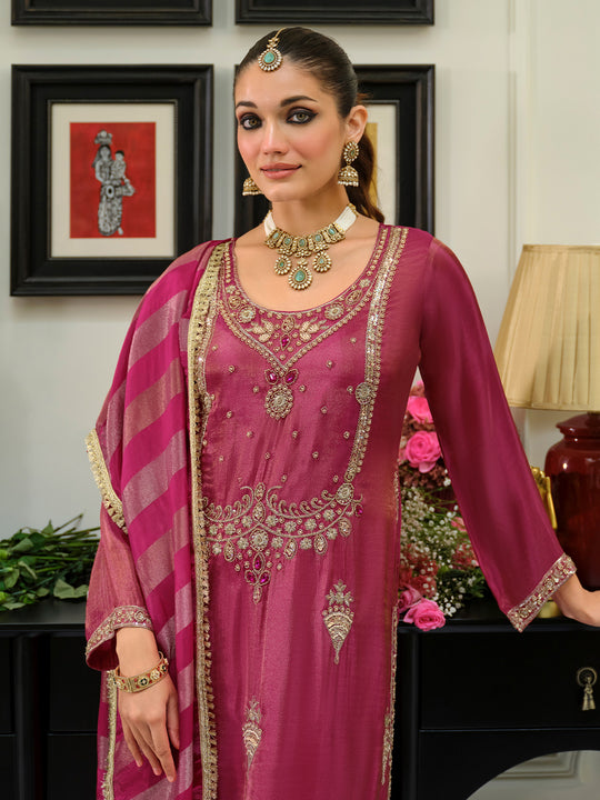 Indo Era Pink Embroidered Straight Kurta Trousers With Dupatta Set