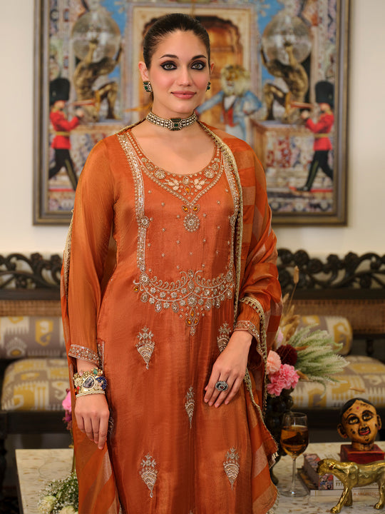 Indo Era Orange Embroidered Straight Kurta Trousers With Dupatta Set